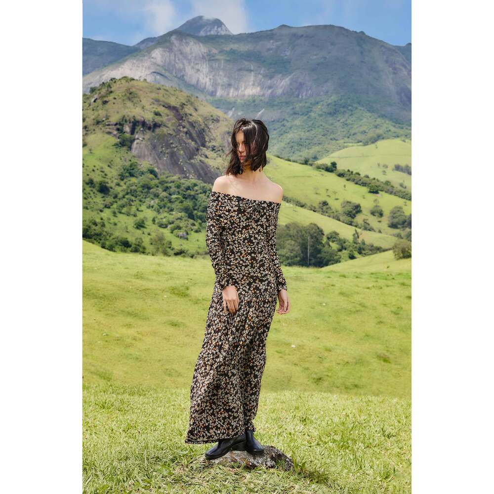 Black Tiny Flowers Long Sleeve Maxi Dress